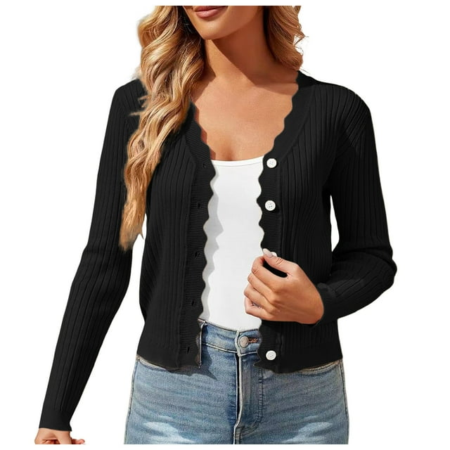 Womens Long Sleeve Cropped Lightweight Cardigan Button Down Sweaters V Neck
