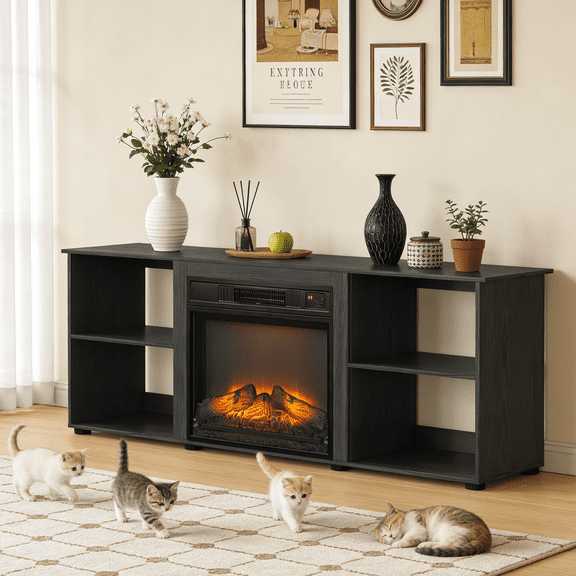 UBesGoo Modern TV Stand with 18" Electric Fireplace, Antique Entertainment Center Media Console Cabinet for 55/60/65" TVs with 4 Open Shelves, Black