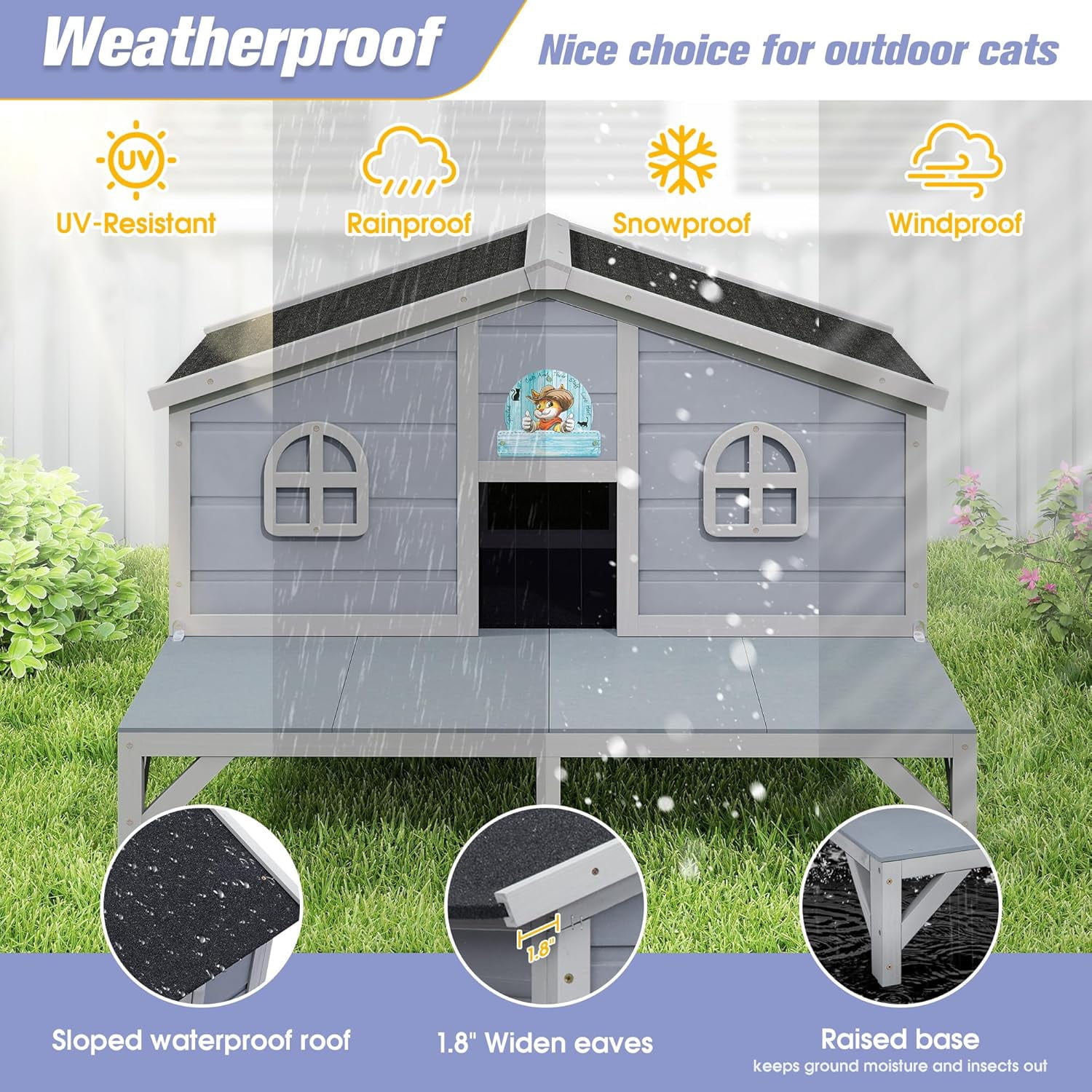 Outdoor Feral Cat House, Large Wooden Outside Cat Shelter with Balcony, Sloped Weathproof Roof, Elevated Legs, Escape Doors, Grey