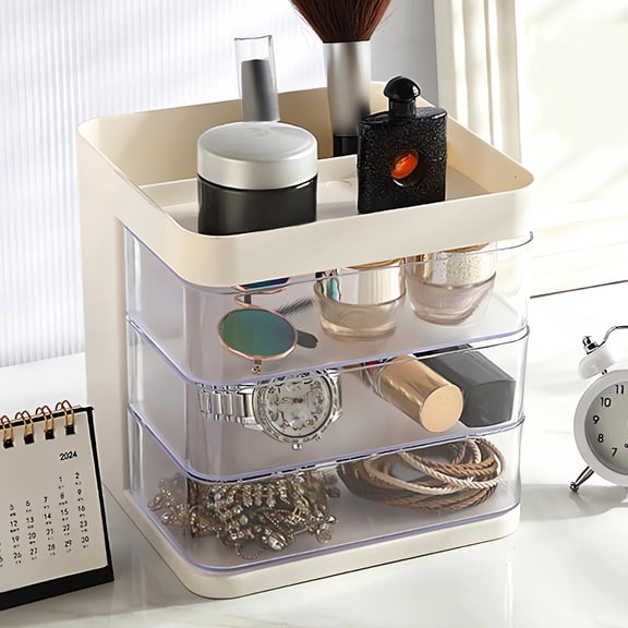 Rotating Desk Organizer With 3 Sliding Compartments, 360 Rotating Pen Holder Desktop Storage Cabinet, Makeup Storage Organizer Box For Office Vanity Bedroom