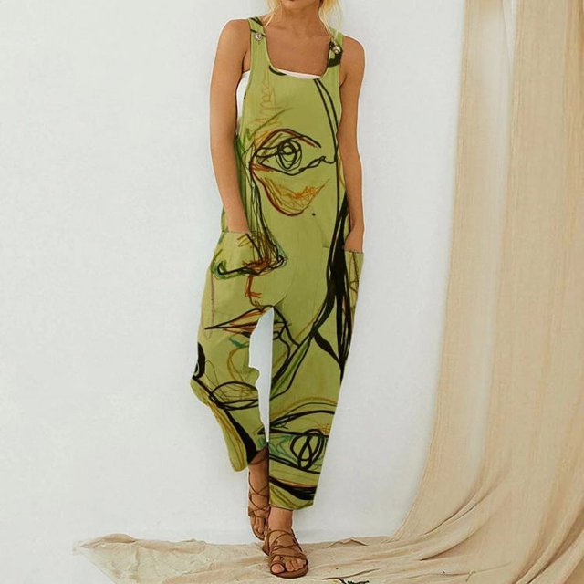 Pantalon Ample à Bretelles Imprimé Abstrait d'Été pour Femmes Nouvelle Combinaison à Boutons en Coton et Chanvre (Vert, P)
