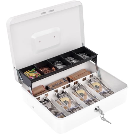 Cash Box with Money Tray and Lock Money Box for Cash Cash Register for Small Businesses Metal Lock Box for Money 11.8 x 9.4 x 3.54 White
