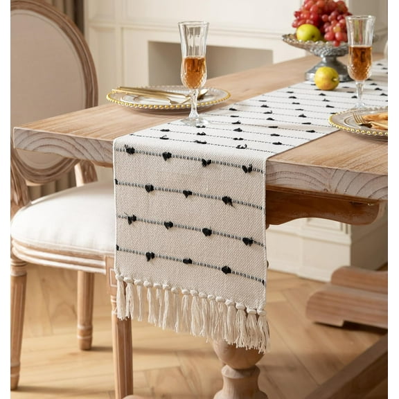 Boho Table Runner 72 Inchs Long for Modern Farmhouse Room Home Decor, Green and Beige Coffee Table Runner, Natural Cotton Woven with Tassels Neutral, for Kitchen Dining Table Decor