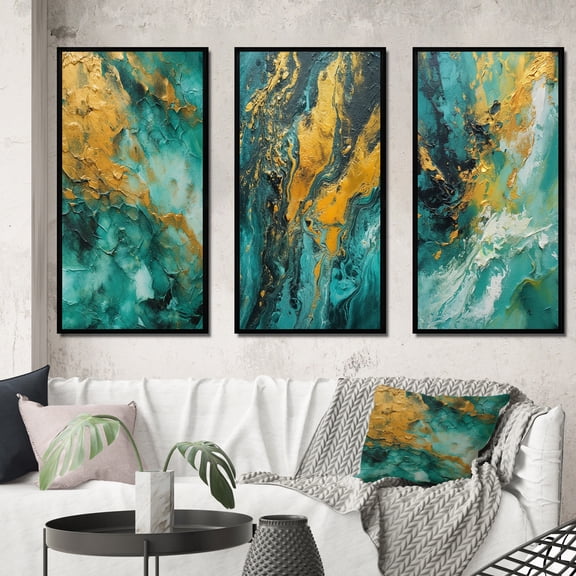 Designart "Golden Turquoise Breakers Abstract Waves V" Abstract Shapes Framed Wall Art Set Of 3 - Gold Transitional Frame Canvas Set For Living Room Decor