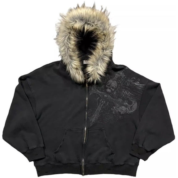 Silver Basic Trendy Faux Fur Hood Zip Up Hoodie Gothic Graphic Y2K Streetwear Oversized Jacket S,Black-1
