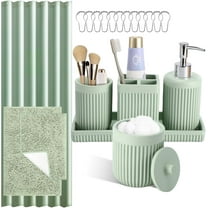 8-Piece Light Green Bathroom Set - Resin Bathroom Accessories Sets Complete with Shower Curtain and Rugs, Soap Dispenser, Toothbrush Holder, Tumbler & Vanity Organizer