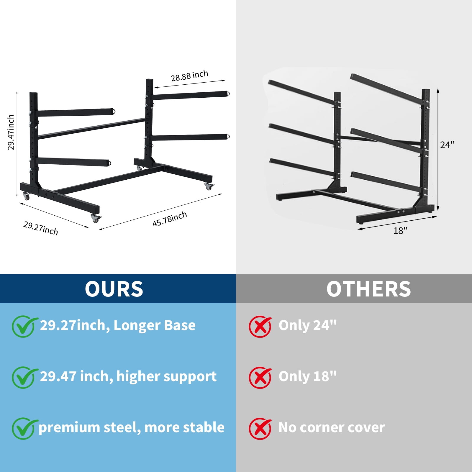 Heavy Duty 2-Tier Freestanding Kayak Storage Rack with Adjustable Wheels – Metal Stand Compatible with Kayaks, Canoes, SUPs, Surfboards – Indoor/Outdoor Garage Organizer, Portable, Rust-Resistant,