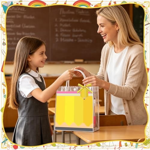 24 Pcs Teacher Appreciation Gift Bags, Teacher Gift Bags Bulk Double-Sided Clear PVC 4 Styles Gifts Bag with Handle Measuring Tape Ribbon Cards for Teachers Graduation End of Year Back to School Gif