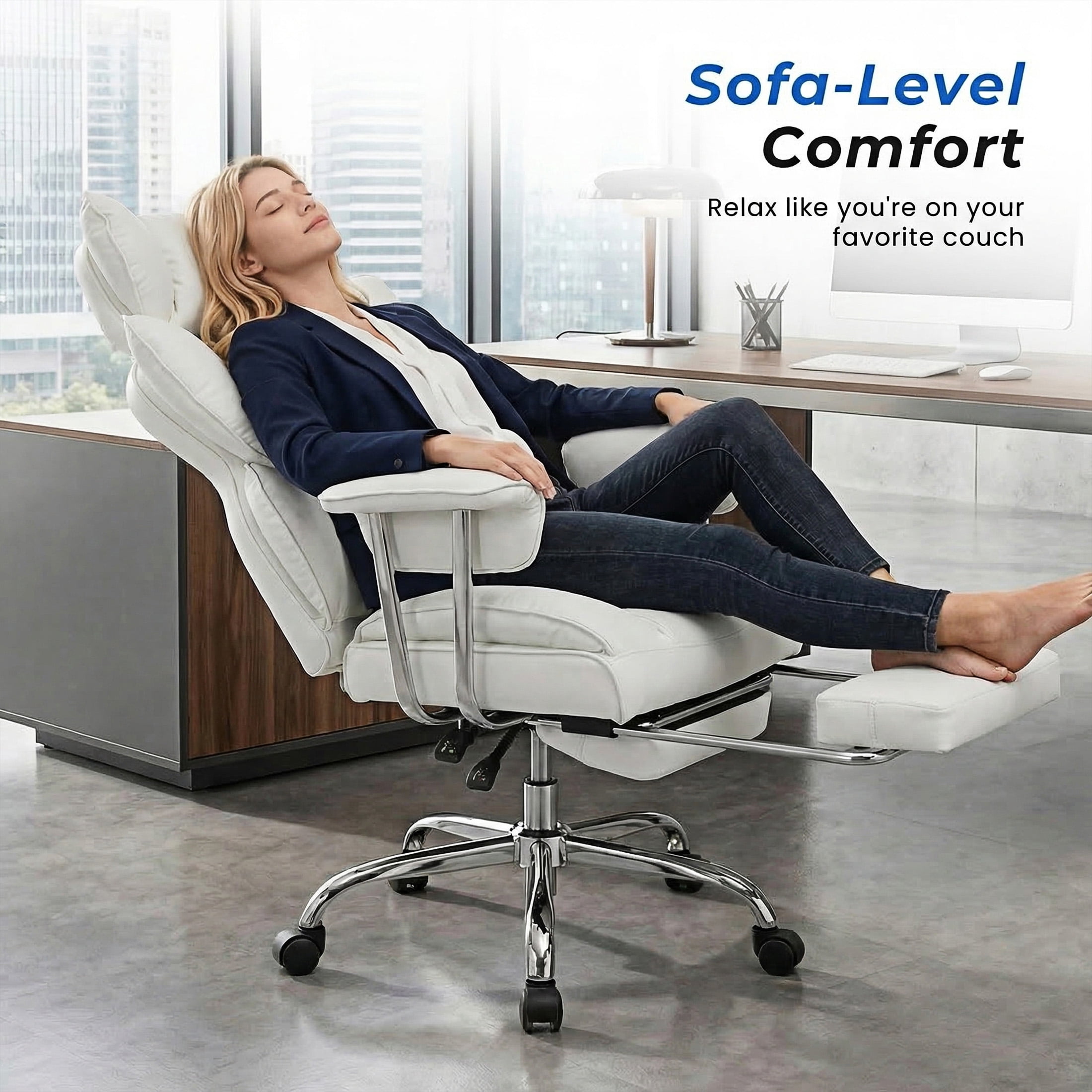 EDX Big and Tall Office Chair, Ergonomic PU Leather Executive Computer Chair with Footrest, Pocket Spring Support, 350 LBS Capacity, For Home Office, Beige