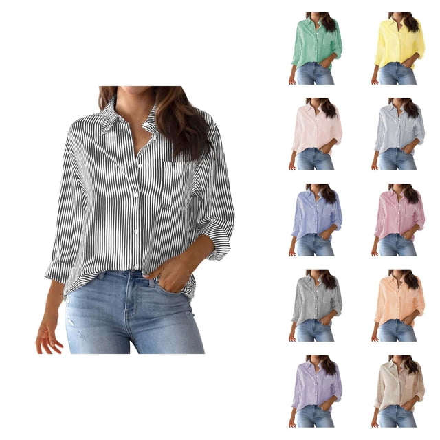 Striped Womens Long Sleeve Shirts 2026 Trendy Button Down Lapel Collared Blouse Shirt