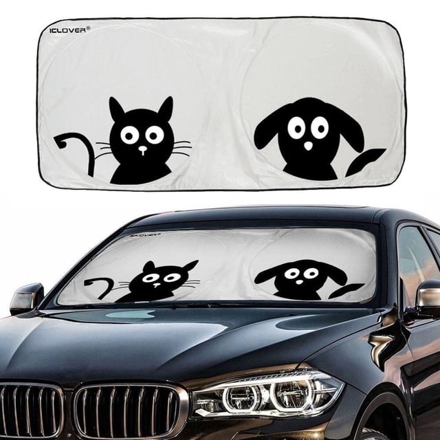 Parasol para Parabrisas de Coche con Diseño de Mascota (59 X 33) iClover Lindo Diseño de Dibujos Animados Parasol Delantero para Parabrisas de Coche Parasol Plegable Plateado - Revestimiento UV para Deflector de Rayos UV