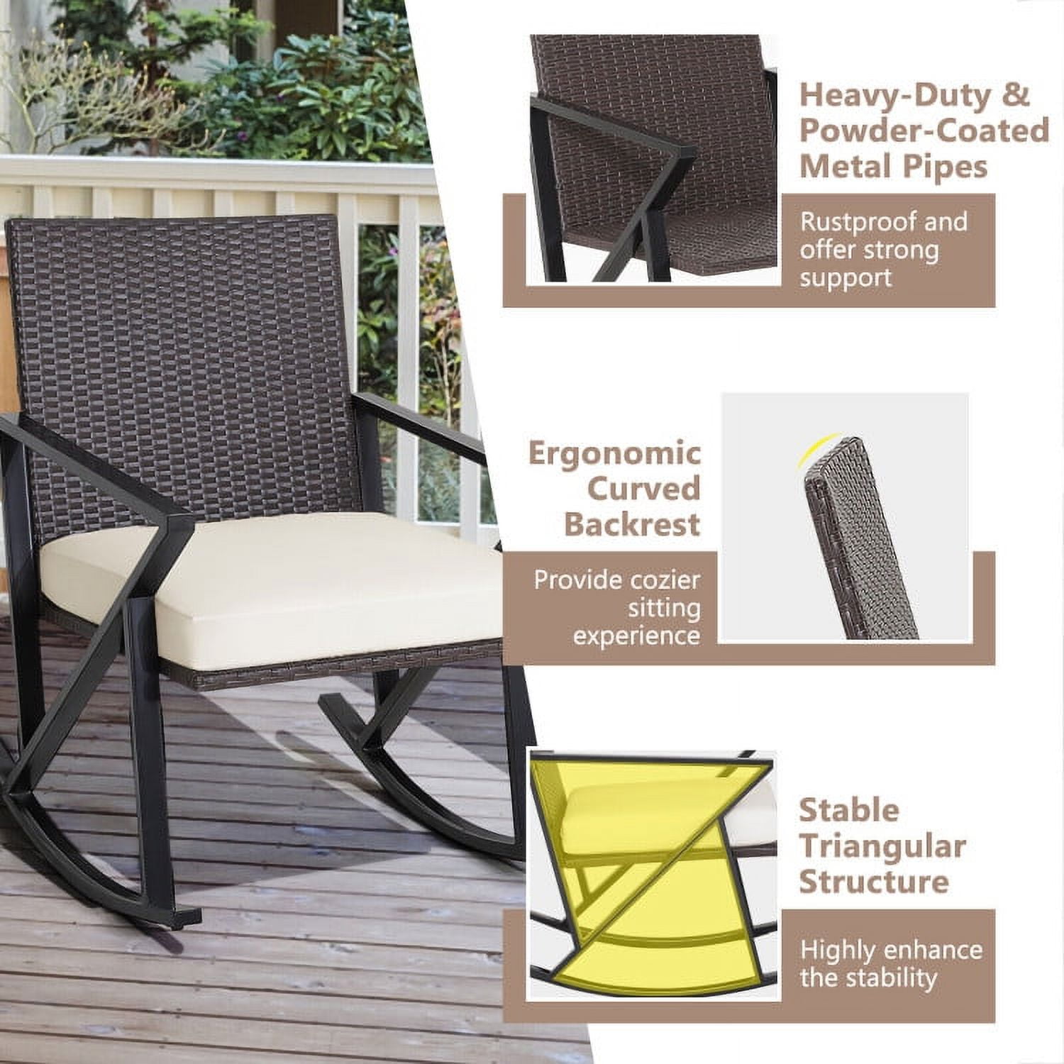 Aimee Lii 3 Piece Patio Wicker Rocking Chairs Set with Heavy-Duty Metal Frame, Backyard Furniture, White Aimee Lii 3 Piece Patio Wicker Rocking Chairs Set with Heavy-Duty Metal Frame, Backyard Furniture, White