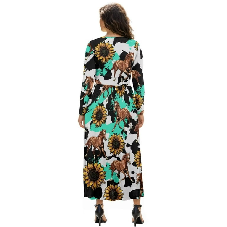 knee length dresses for ladies Printed V-Neck Long Sleeve Midi Dress – Charming Charlie main image 1
