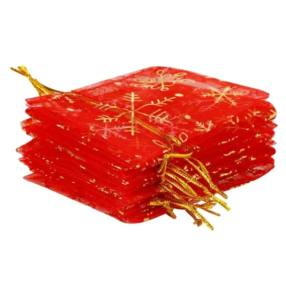 50 Small 2X3" Red Snowflake Christmas Treat Bags, Organza Holiday Gift Treat Bag