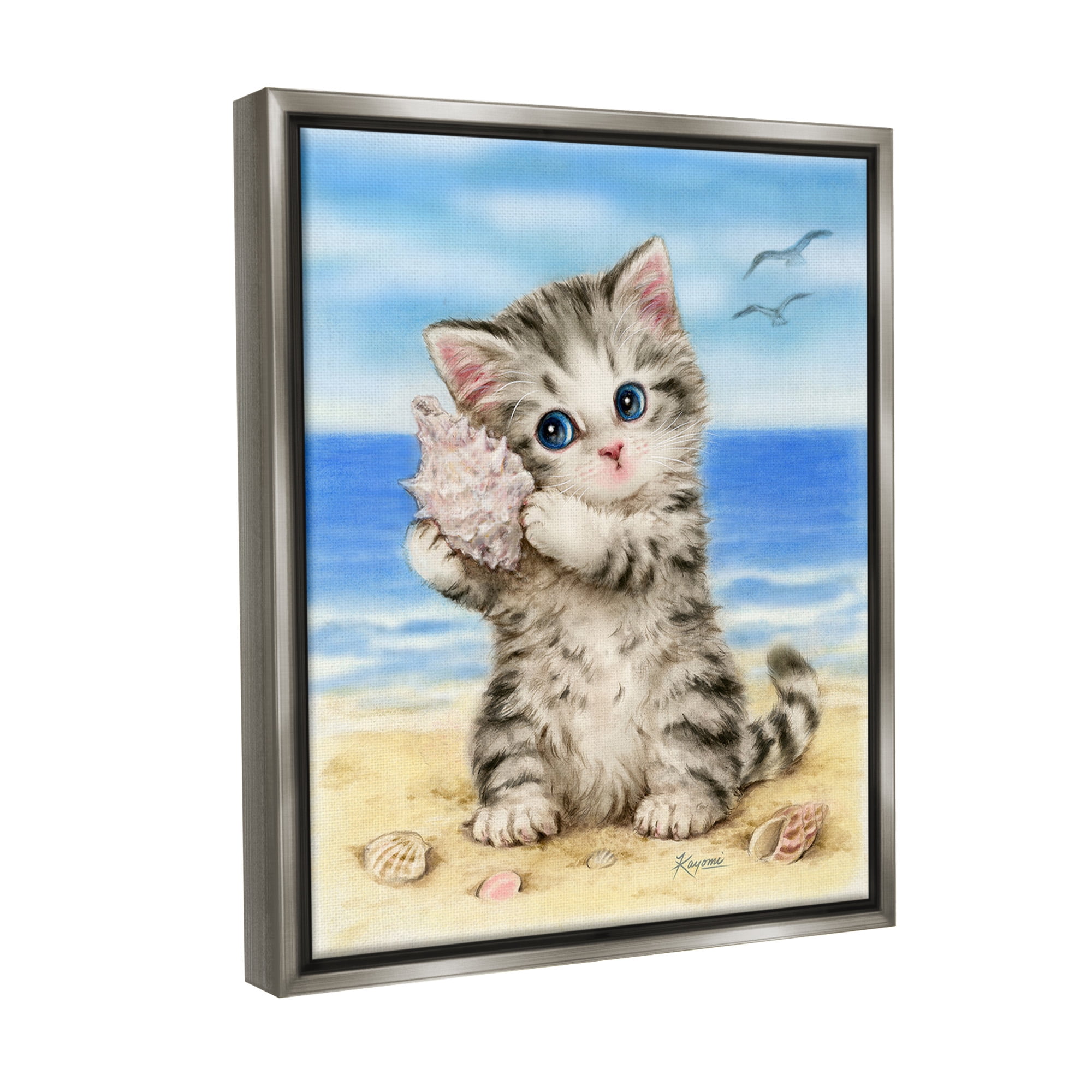 Stupell Industries Kitten with Conch Shell Animals & Insects Painting Gray Floater Framed Canvas Art Print Wall Art, 17 x 21