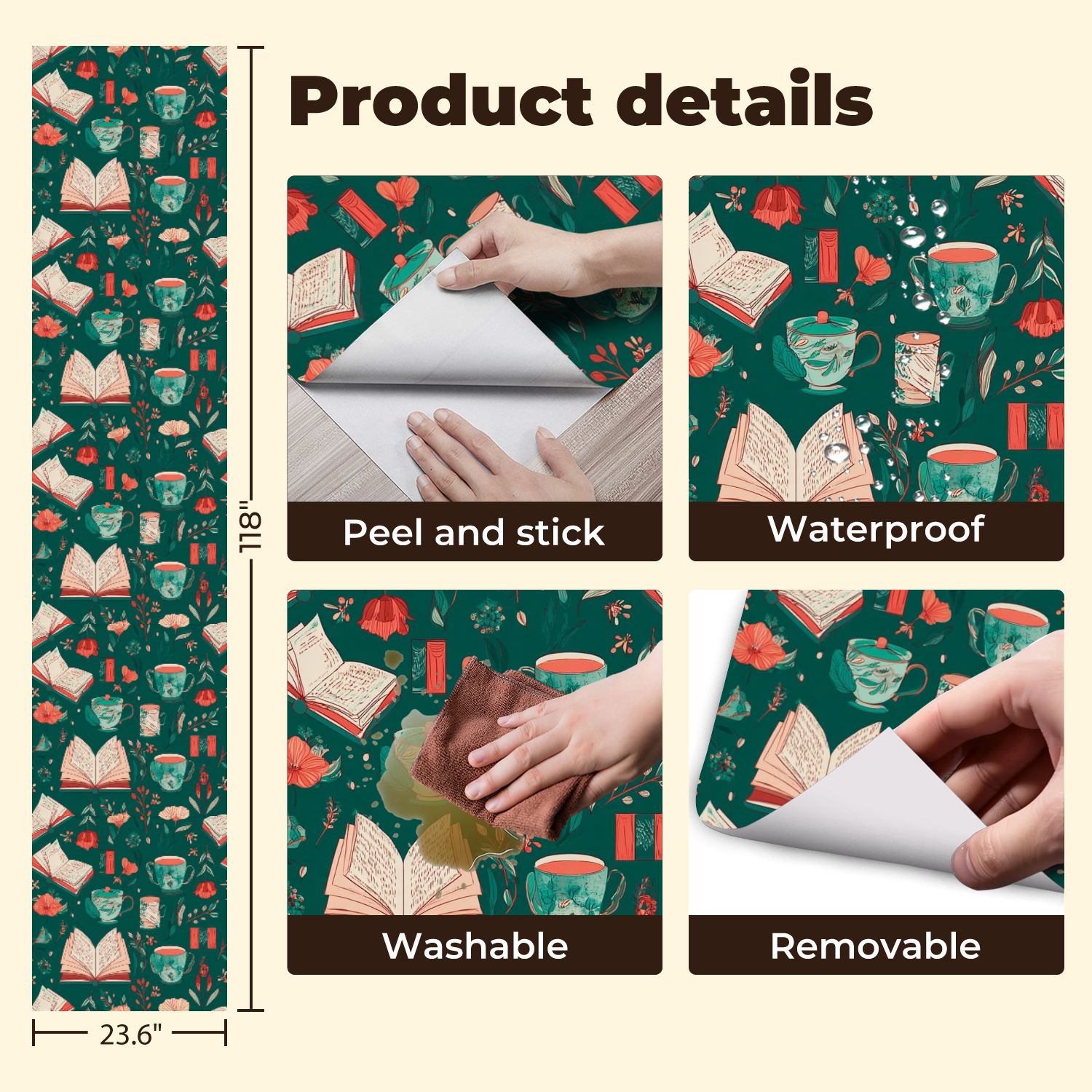 Peel and Stick Wallpaper 23.6in x 9.8ft Cozy Teal Green Books Teacups Floral Contact Paper Vinyl Self-Adhesive Removable Wall Paper for Bedroom DIY Home Decor Renter Friendly