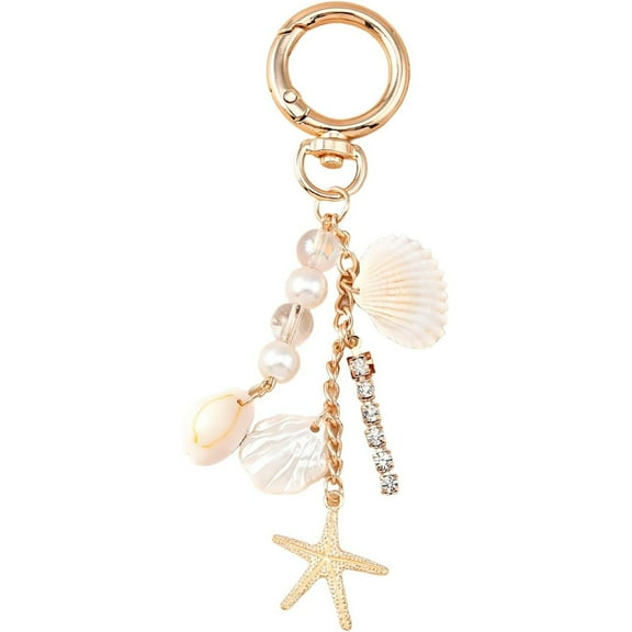 Gold Beach Keychain Ocean Charm with Starfish Shell & Pearl, Coastal Style Bag Charms for Purses & Backpacks, Vacation Themed Gift for Women, Summer Sea Themed Accessories