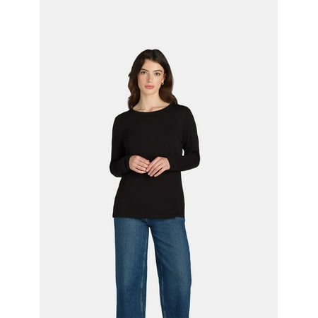 Time and Tru Women's Cotton Crewneck Tee with Long Sleeves, Size XS-XXXL