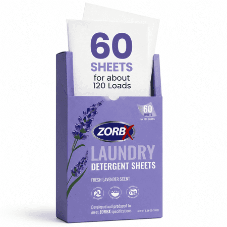 ZORBX Lavender Laundry Detergent Sheets, 60 Ct, 120 Loads, Quick-Dissolving for Tough Stains & Odors