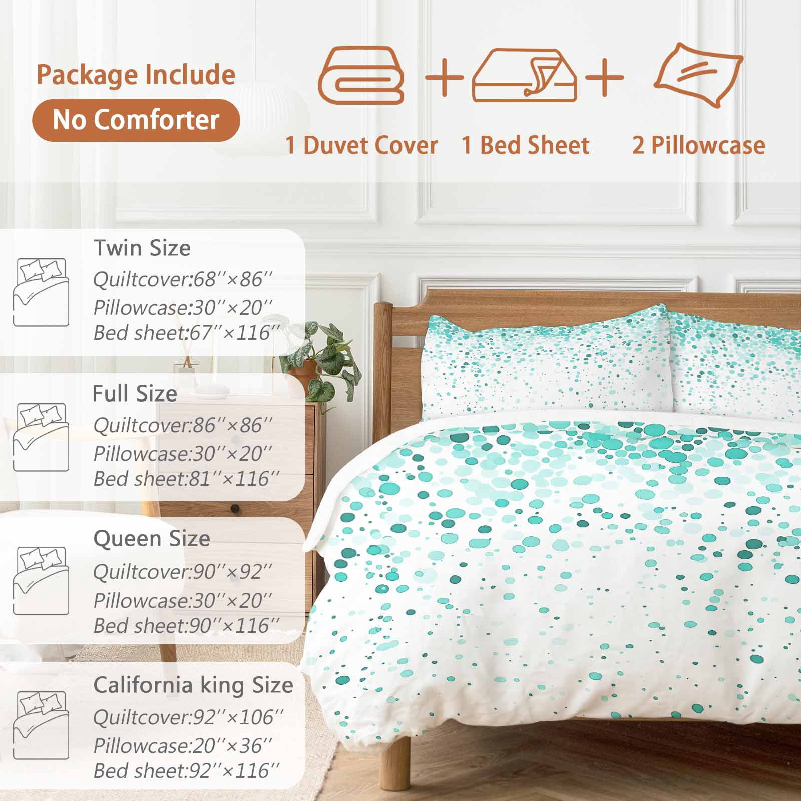 Teal Polka Dot Bedding Duvet Cover Set Queen Size 4 Pieces Watercolor Teal Gradient Abstract Modern Bedding Set with Zipper Closure, 1 Comforter Cover 90x92 Inches 1 Flat Sheet & 2 Pillow Cases