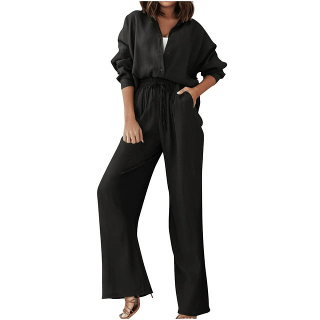 Fgnfyis Women's Two Piece Outfits Set Long Si Button Down Shirt Blouse Top Drawstring Wide Leg Pants Solid Color Tracksuit Matching Sets Women Clothing Trousers Sets Black XL