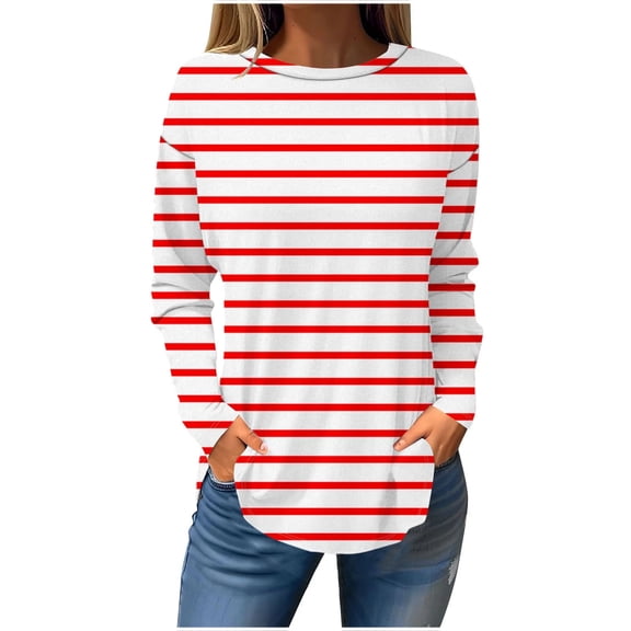 felwors Women's Striped Long Sleeve Tunic Top - Long Length Casual Sweatshirt Shirt Red, XXXL