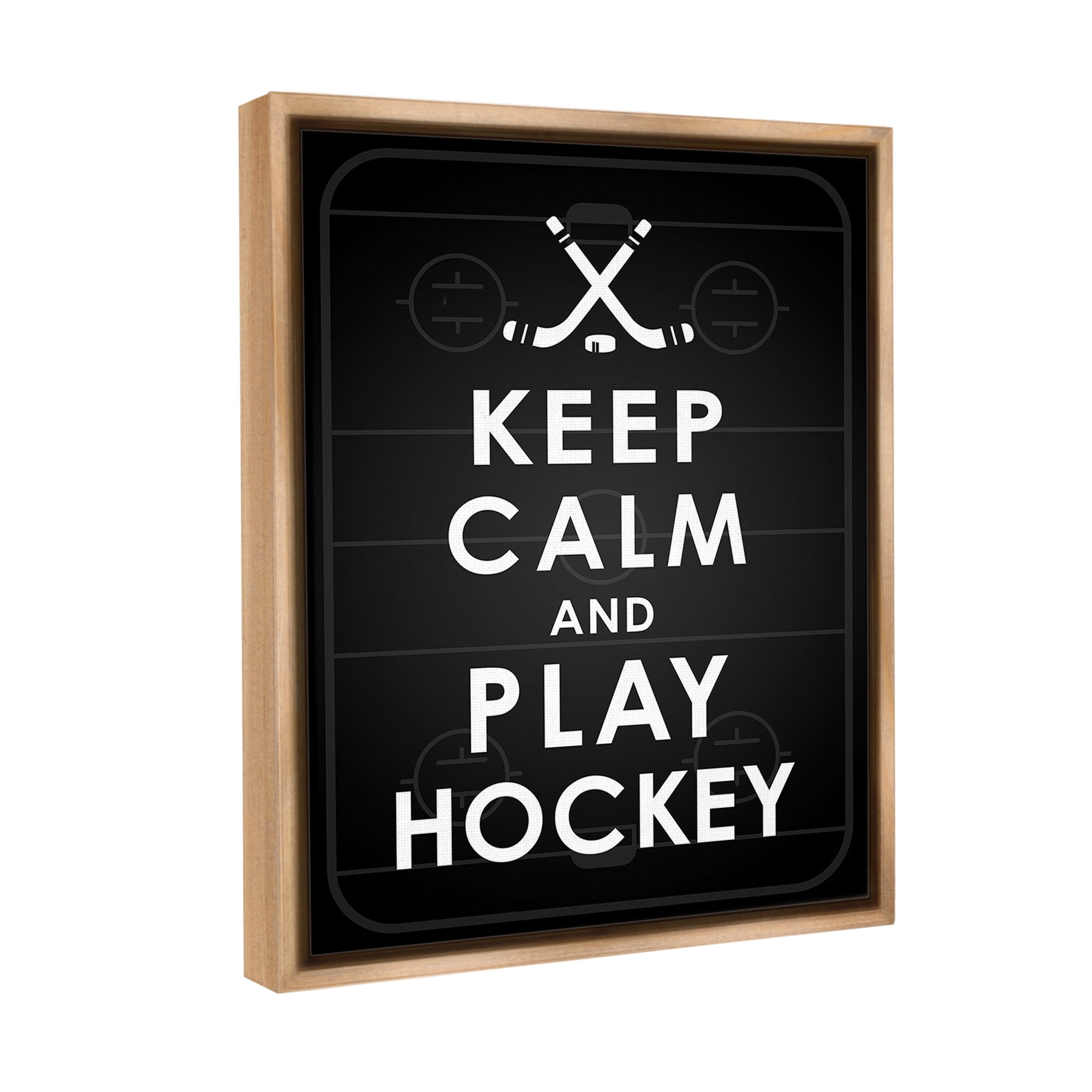 Stupell Industries Keep Calm & Play Hockey Sports Painting Brown Floater Framed Canvas Art Print Wall Art, 25 x 31