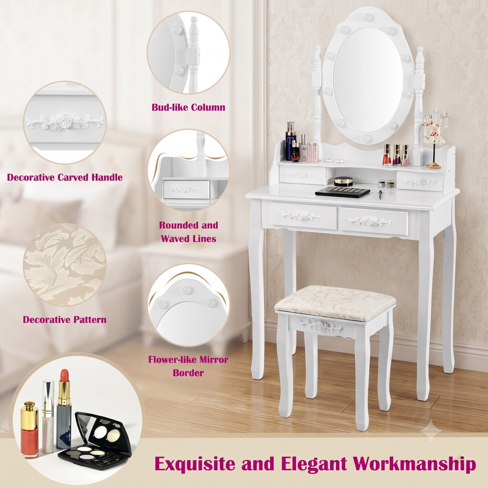Furnibear Makeup Vanity Table Set with Dimmable Lighted Mirror 4 Drawers Cushioned Stool Wood Legs for Bedroom, White