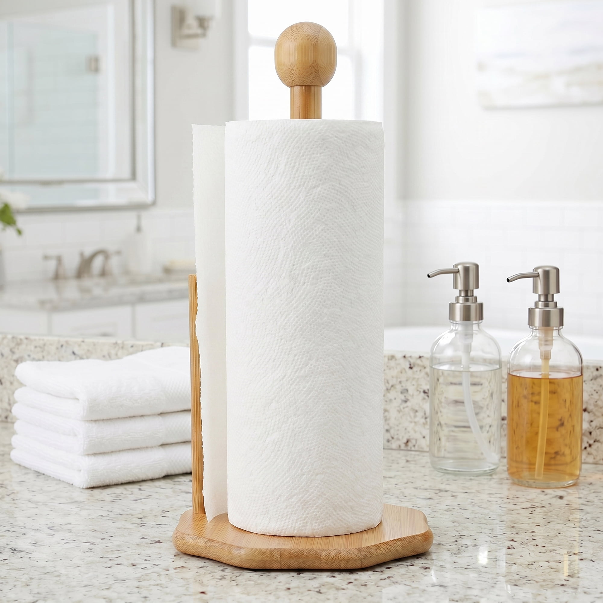 Unique Bargains Paper Towel Holder Countertop Non Slip Base Wood Natural D 11.6x6.3inch