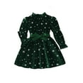 thumbnail image 2 of FAOWME Big Kids Girls Plush Dress Long Sleeve Star Print Ruffle Hem Bow Tie Belt Stylish Elegant Dresses For Autumn Winter Holiday Party Green 7-8 Years, 2 of 8