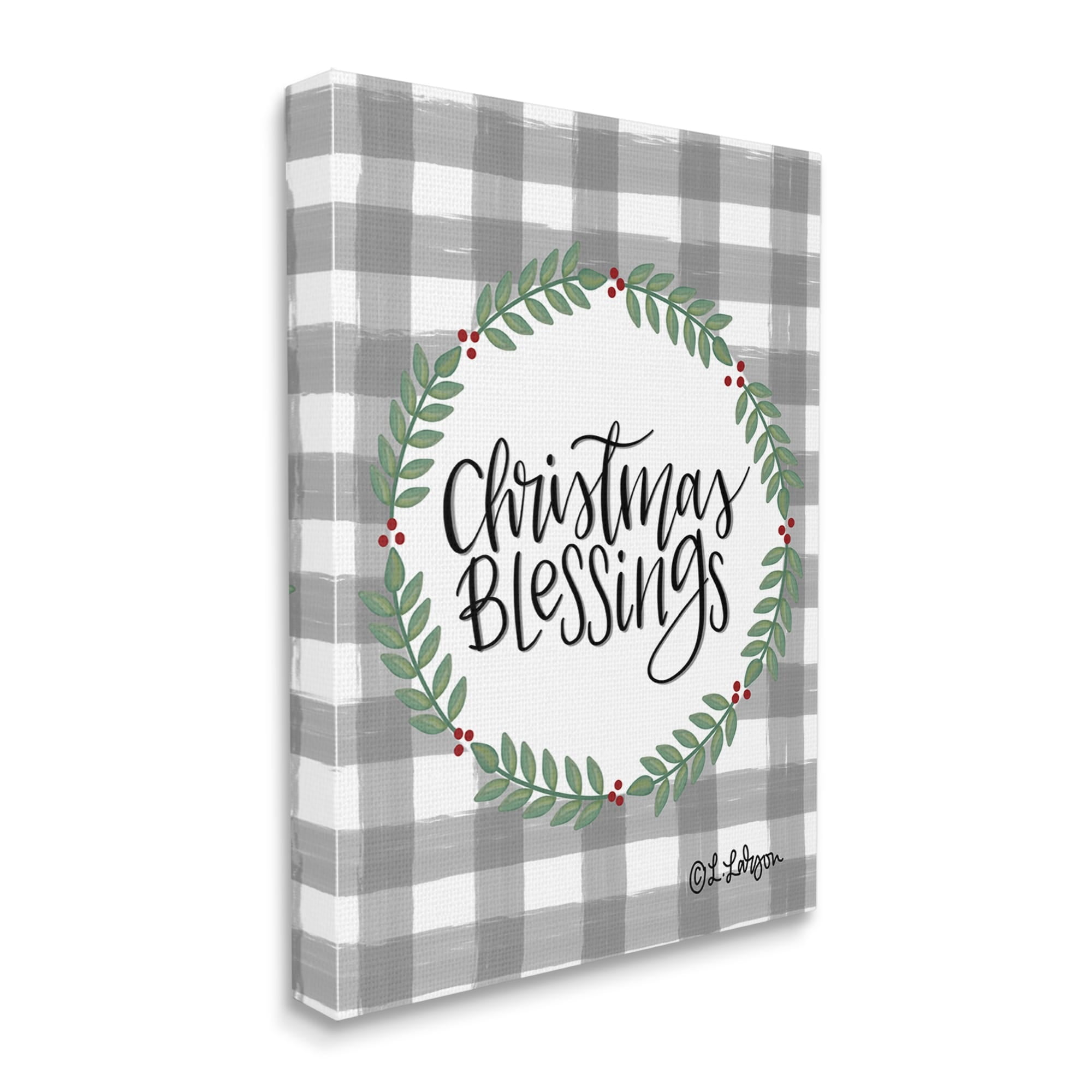 Christmas Blessings Calligraphy Tartan Holly Sprigs Border Inspirational Graphic Art Gallery-Wrapped Canvas Print Wall Art