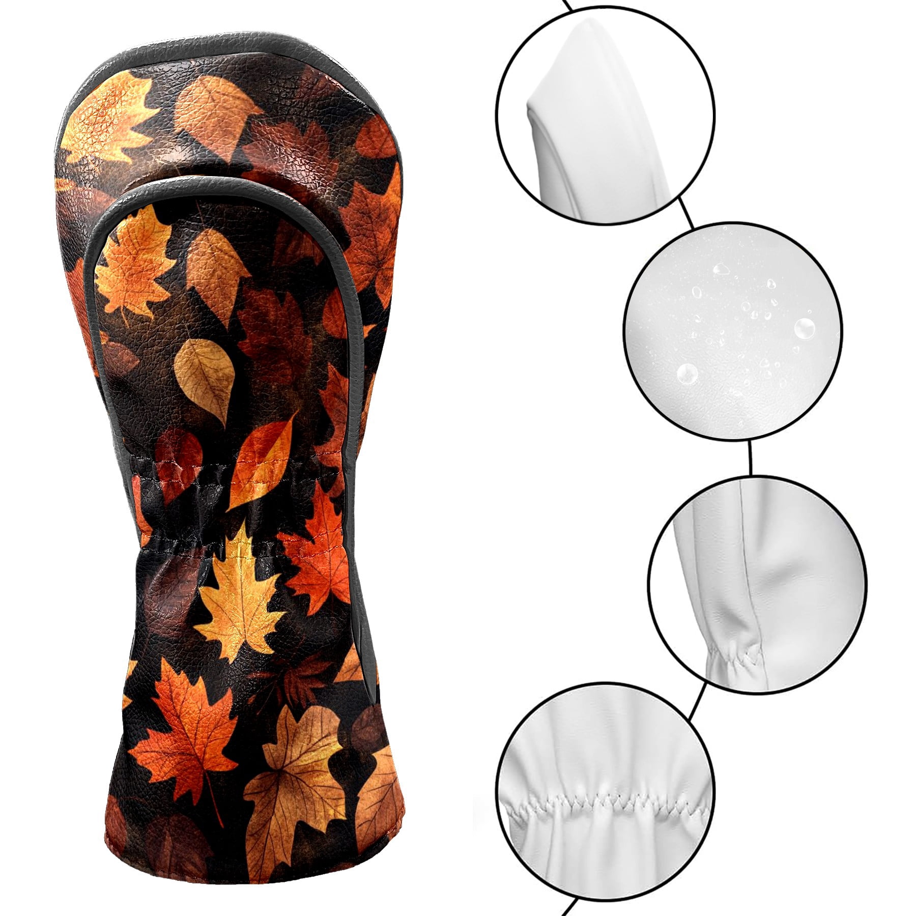 Golf Club Covers PU Leather Waterproof Head Covers for Fairway Woods Hybrids Maple Leaf Pattern Unisex Fits Most Brands
