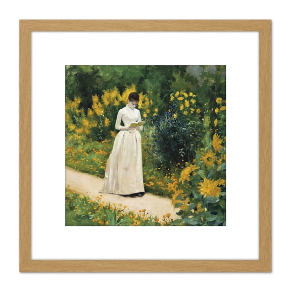 Aublet Reading Garden Path Painting 8X8 Inch Square Wooden Framed Wall Art Print Picture with Mount