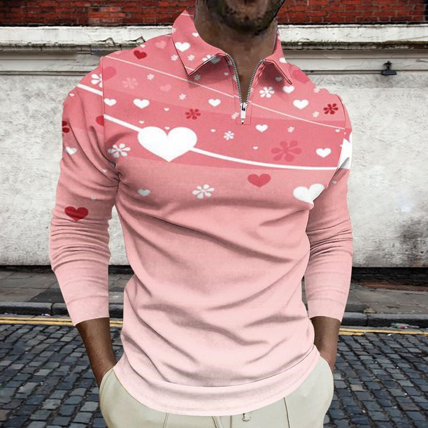 Blusa y camisa de manga larga con cuello vuelto para hombre, jersey de solapa con cremallera de manga larga, blusa informal con estampado de San Valentín para hombre, blusa de poliéster