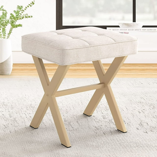 Vanity Stool, Square Linen Makeup Stool with Metal X Legs, Modern Padded Vanity Seat Foot Rest Stool for Makeup Room, Bathroom, Linen Color