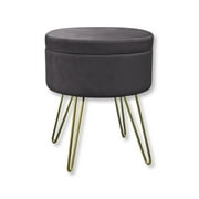 ITY International - Velvet Ottoman / Footstool with Storage and Tray, Metal Base, Grey