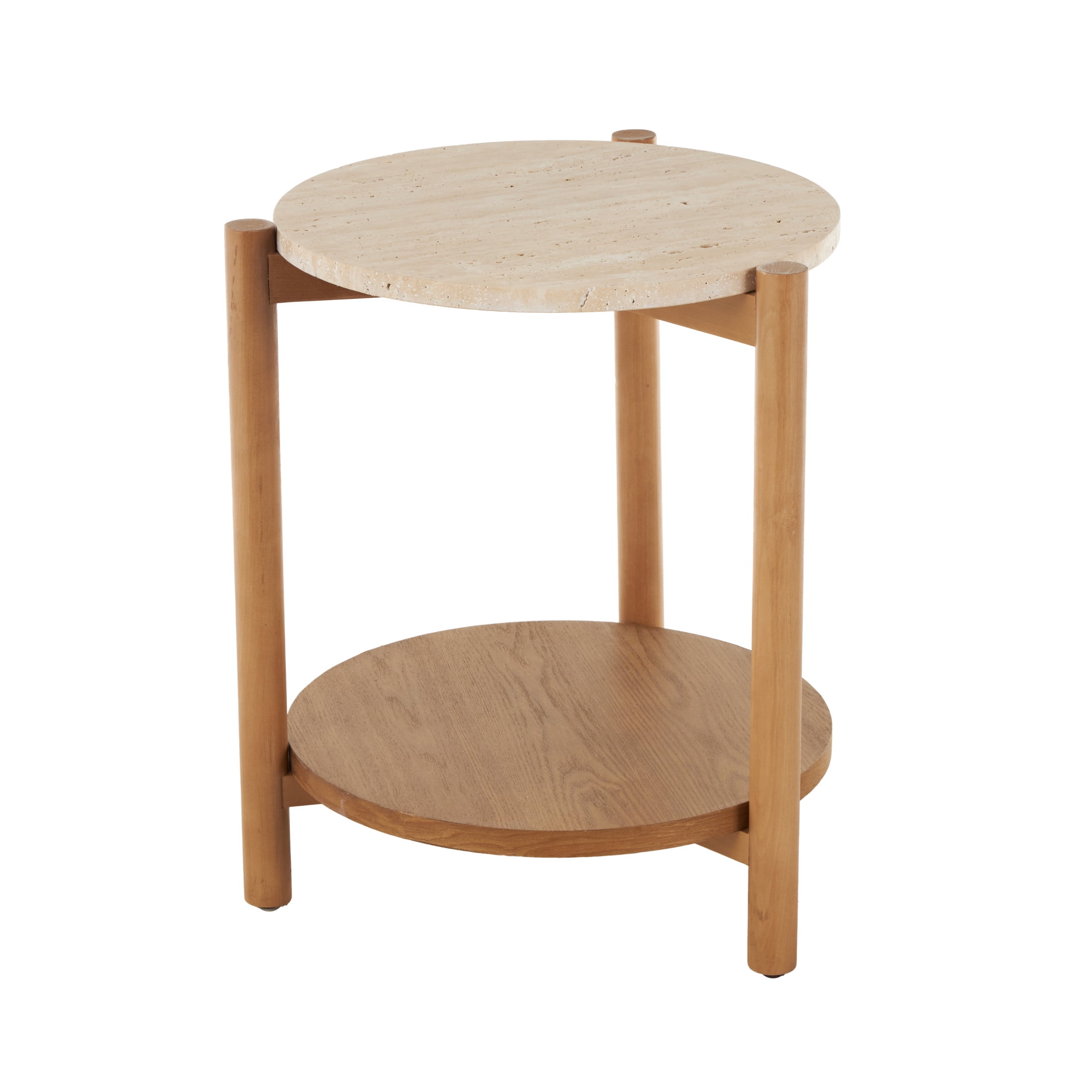 DecMode 16" x 20" Brown Wood Handmade Round Accent Table with Beige Round Marble Top, 1-Piece