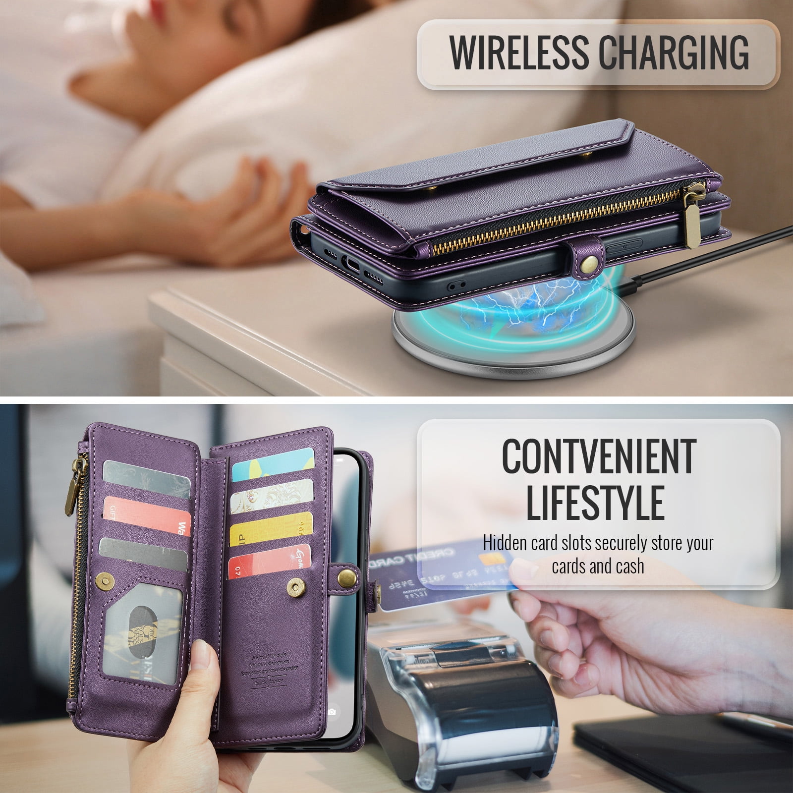 Compatible with iPhone 14 Pro Max 6.7 inch Zipper Wallet Phone Case Tempered Glass Screen Protector Crossbody Lanyard Strap Flip Card Holder Slot Cell Cover for iPhone14promax 5G i 14Max Women Purple