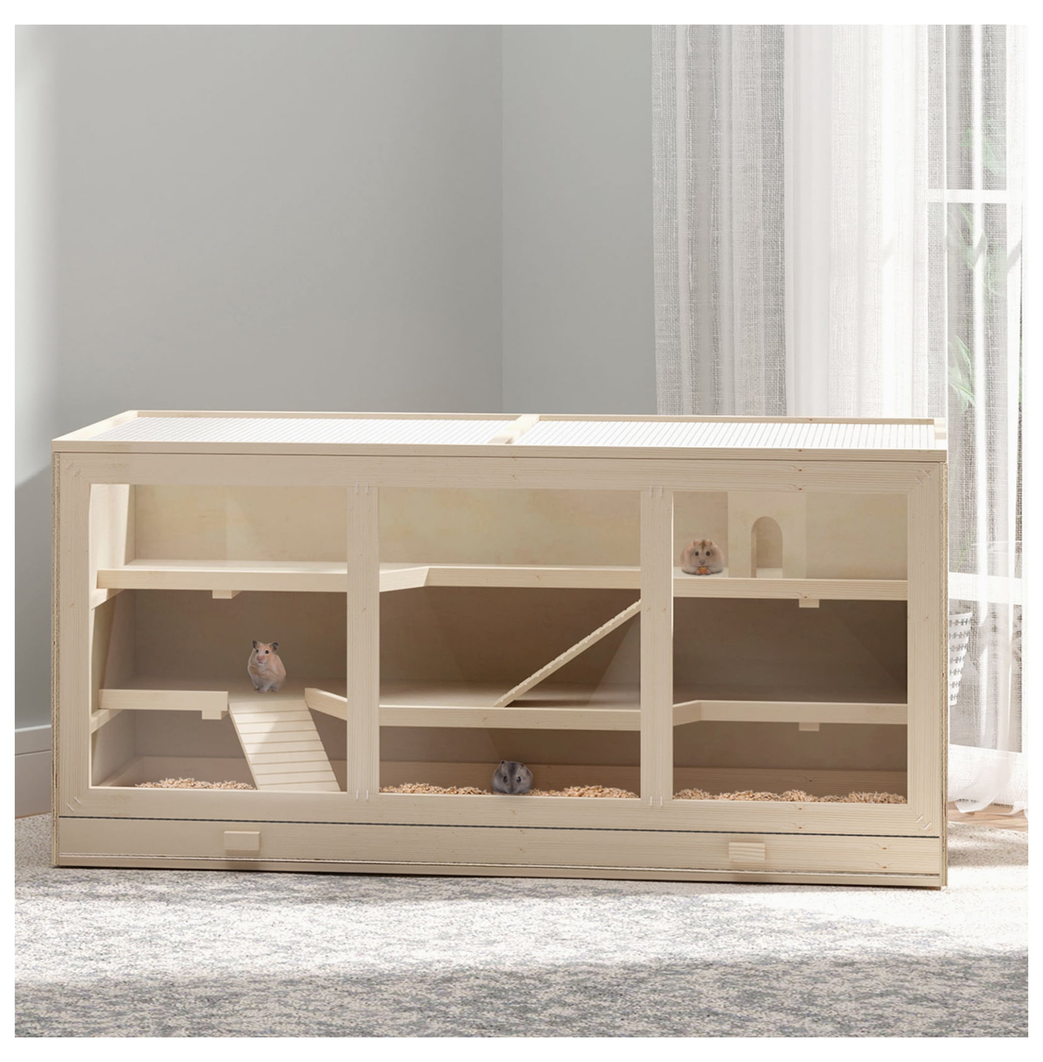 45" Hamster Cage, 3-Layer Wooden Rat Habitat, PVC Window, Small Animal Cage for Gerbil, Dwarf & Syrian Hamsters, Natural Wood
