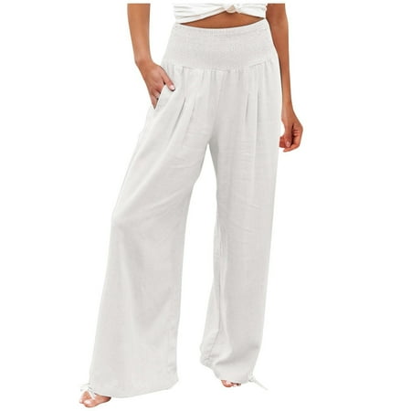DENGDENG Wide Leg Lounge Pants for Women Elastic Solid Color High Waisted Panties Liners Women Fall Flowy with Pockets Palazzo Straight Loose Fit Pleated Slacks for Women Business Casual White XL