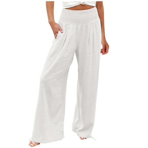 longantii Womens Linen Palazzo Pants Summer Boho High Waist Wide Leg Casual Lounge Trousers Beach Travel Vacation Outfits White S