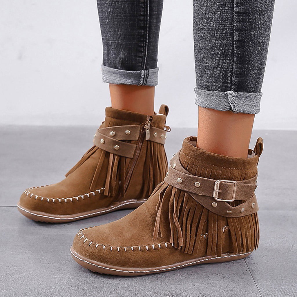 Women's Suede Moccasin Boots Round Toe Tassel Flats Heel Buckle Casual Booties