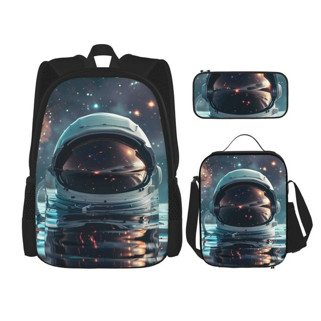 Disketp Astronaut Helmet Reflections Mochila Estampada de Gran Capacidad con Lonchera y Estuche, Set de 3 Piezas para Estudiantes