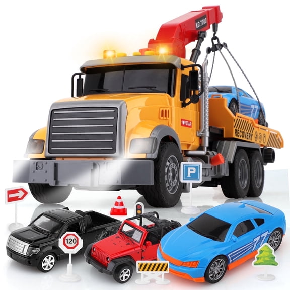 Tow Truck Toy ,Toddler Trucks,Include Racing Car,Traffic Signs,Toy Truck with Hook,Sound and Lights for Boys Birthday Gifts