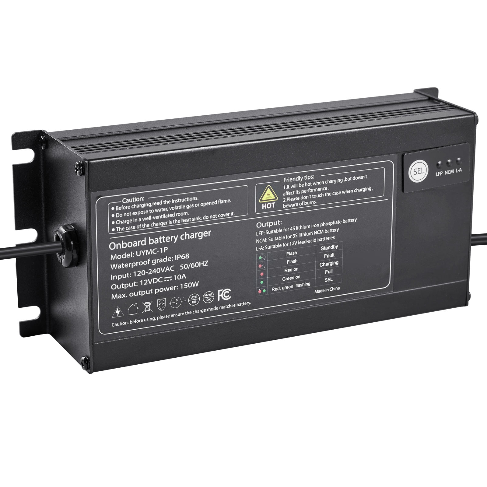 KFFKFF 1-Bank 10A 12V Onboard Marine Battery Charger, IP68 Waterproof Smart Charger for Lithium-Ion (LiFePO4), NCM, and Lead-Acid Batteries, Suitable for Boats, Yachts, RVs, and Trailers