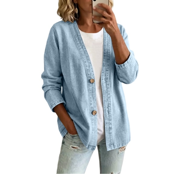 Stralyhd Denim Cardigan for Women Lightweight Long Sleeve Open Front Jean Jacket Casual Trendy Breathable Button up Cardigans Light Blue XXL