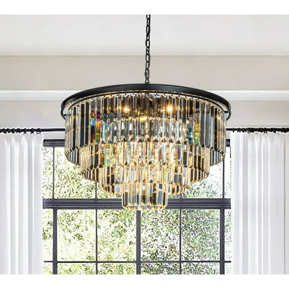 8-Lights Modern Matte Black 4-Tier Round Crystal Fringe Chandelier