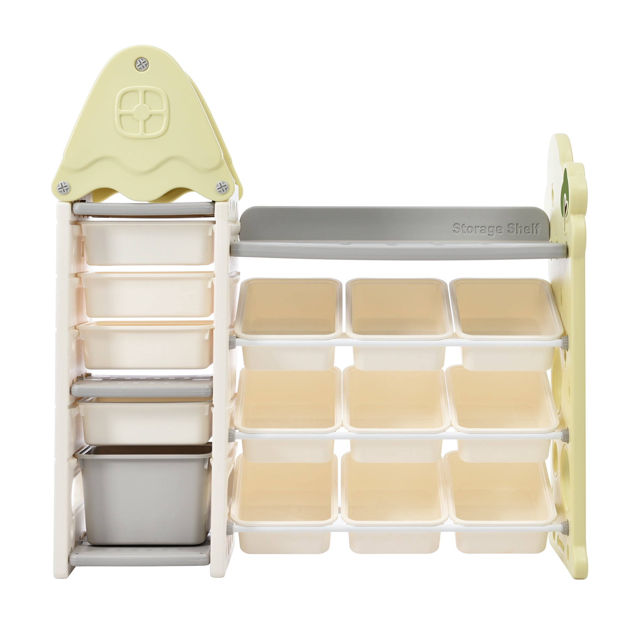 PORKISS Kids Bookshelf, HDPE Toy Storage Organizer with 14 Bins, Multi-Functional Bookshelf for Kids for Living Room, Bedroom, Nursery, Playroom, Light Green