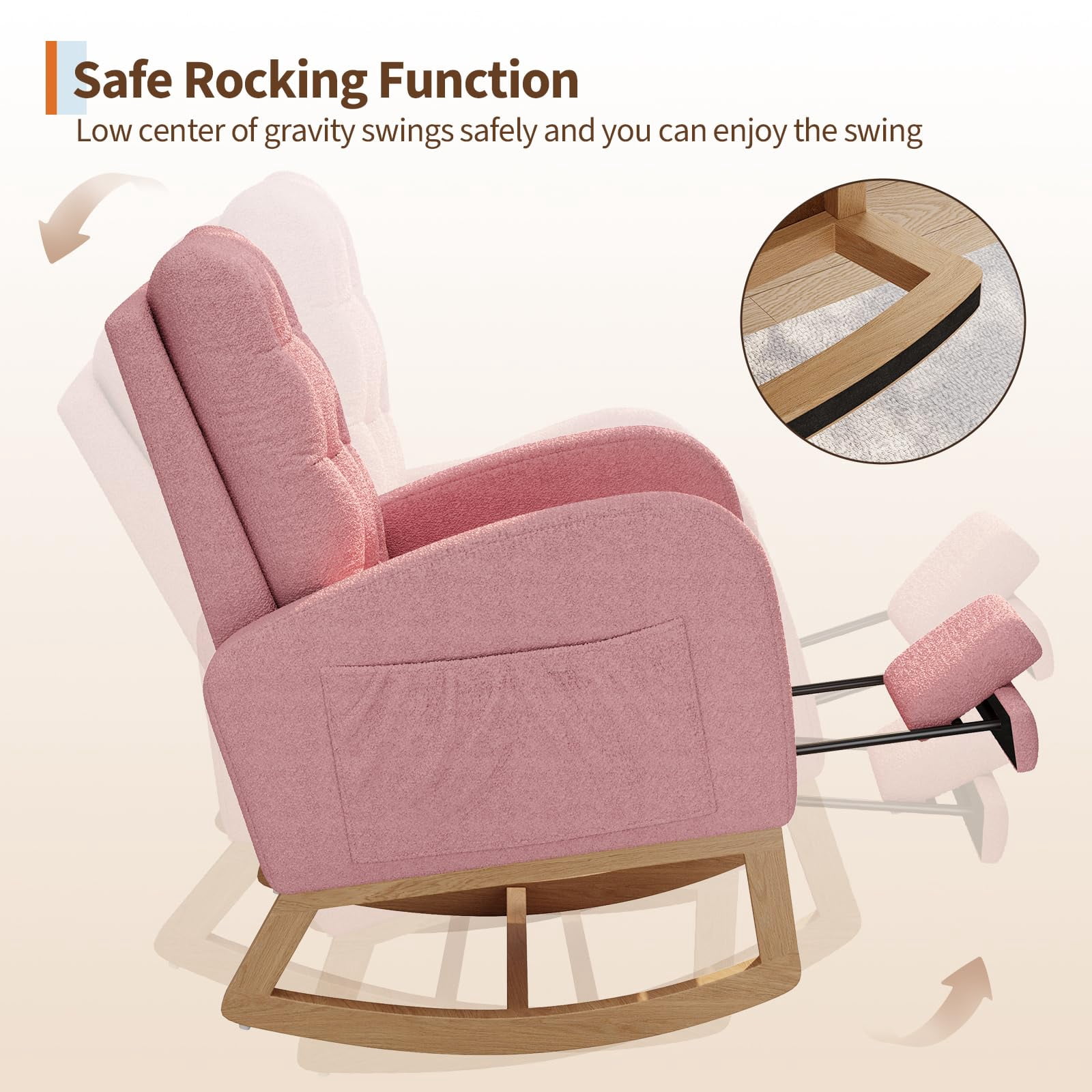 Modern Linen Upholstered Rocking Chair - Glider Chair with Side Pocket for Living Room Bedroom Nursery
