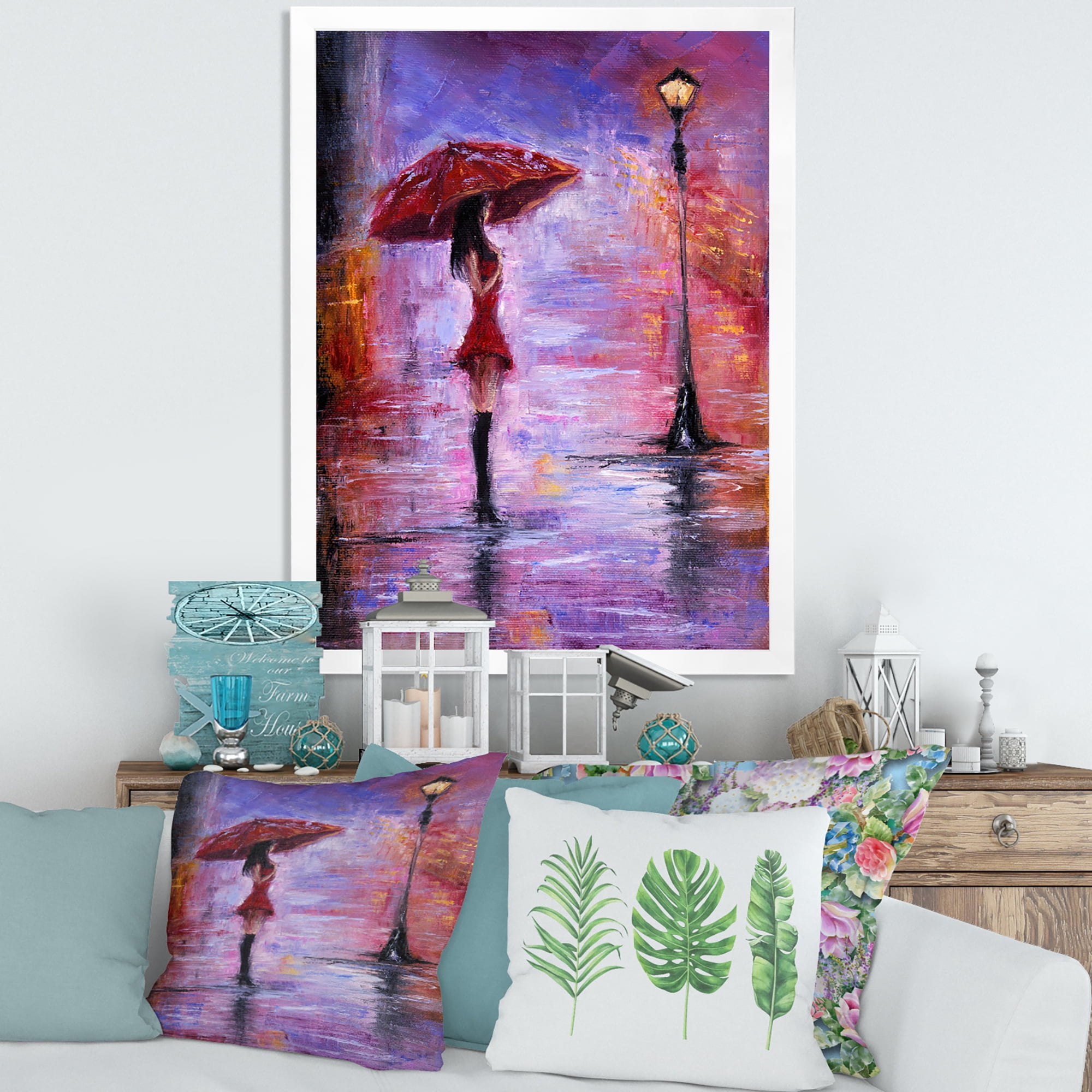 Designart 'The Girl With The Umbrella Walking In The Rain I' French Country Framed Art Print